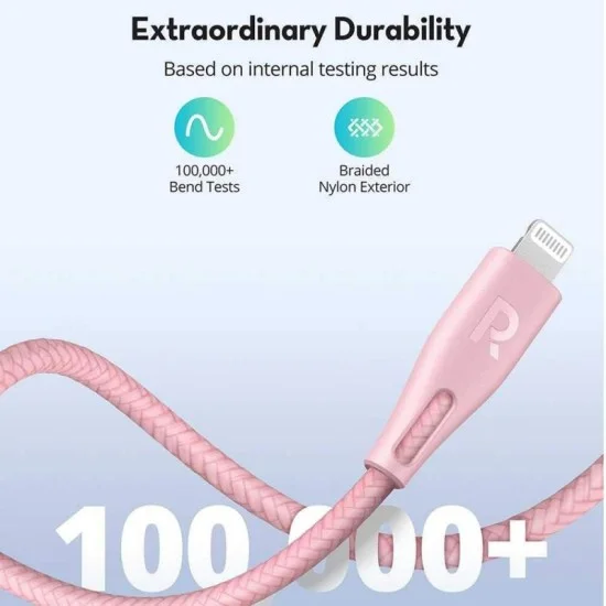 Ravpower Nylon Braided Type-C To Lightning Cable 2M - Pink